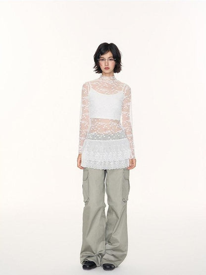 NAPSNAPS White Lace Spliced Stand Collar Slim Women&