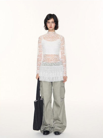 NAPSNAPS White Lace Spliced Stand Collar Slim Women&