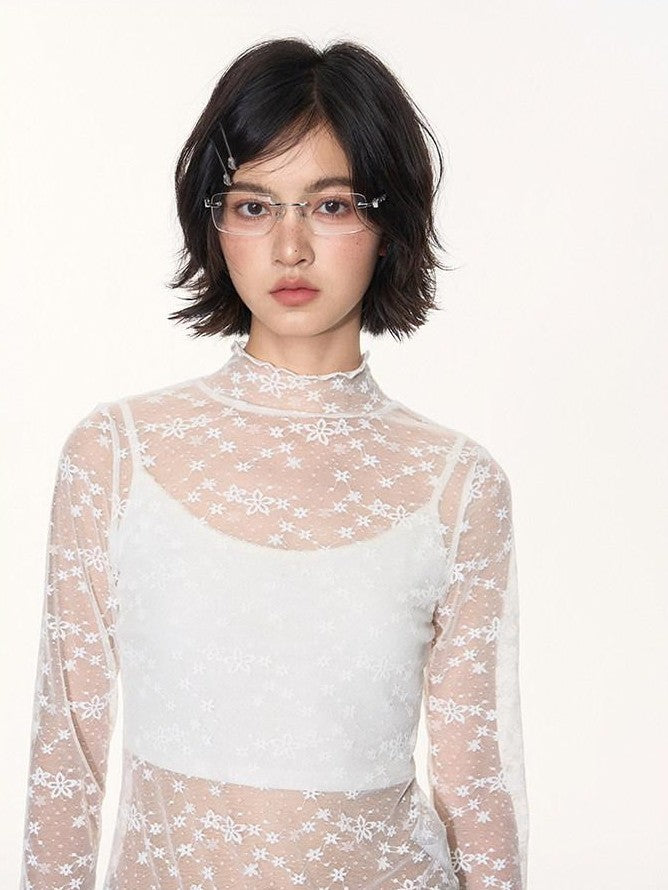 NAPSNAPS White Lace Spliced Stand Collar Slim Women&