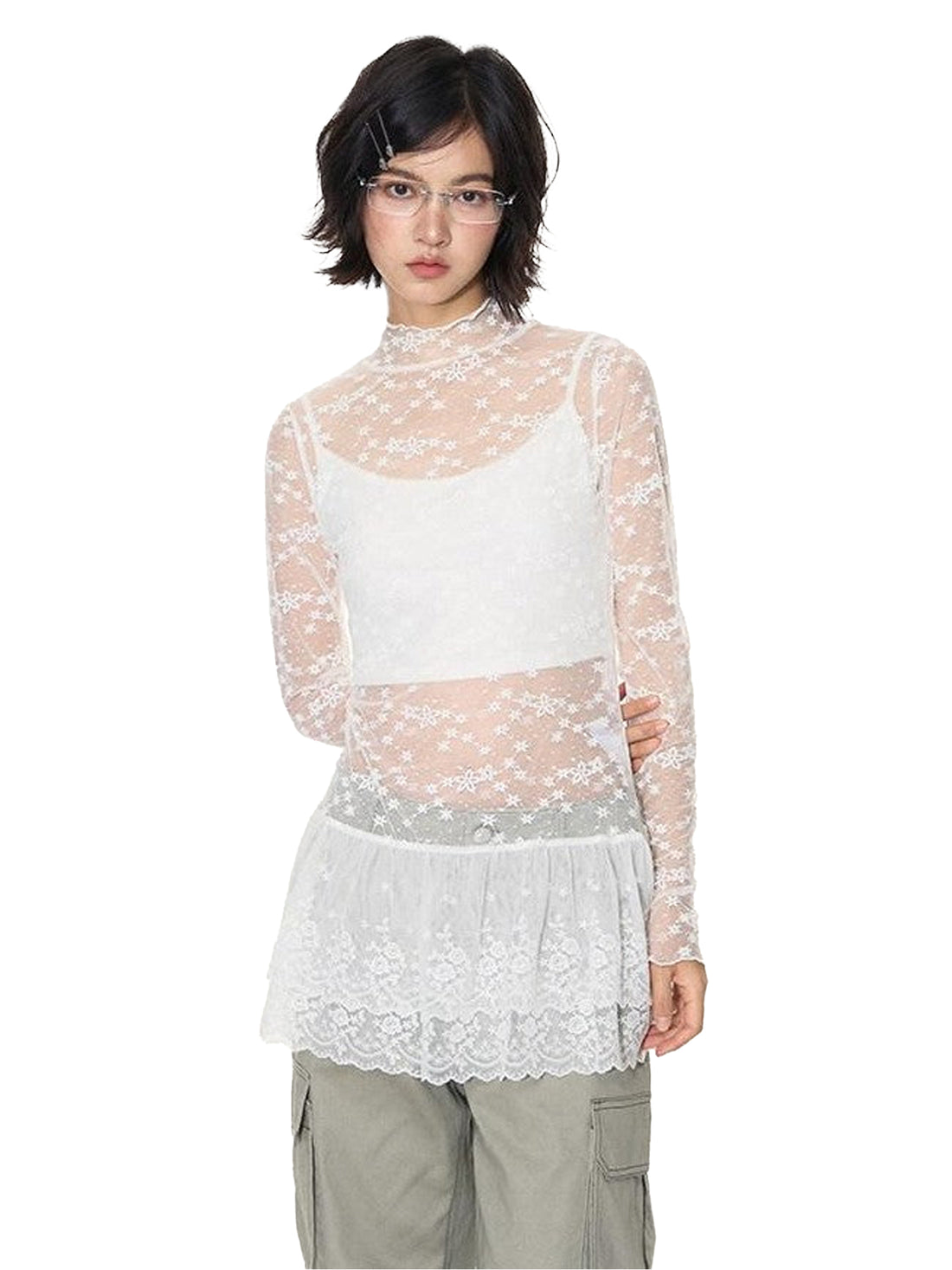 NAPSNAPS White Lace Spliced Stand Collar Slim Women&