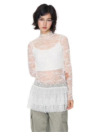 NAPSNAPS White Lace Spliced Stand Collar Slim Women&