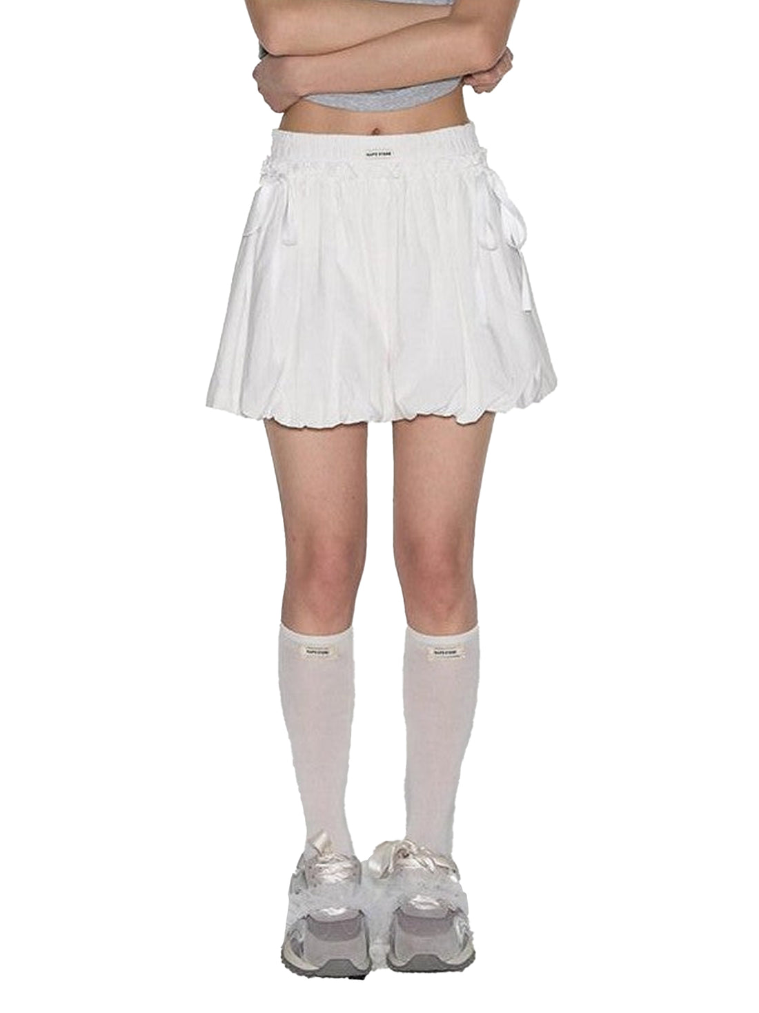 NAPSNAPS White Pleated Bow Tie Drawstring Lantern Women&