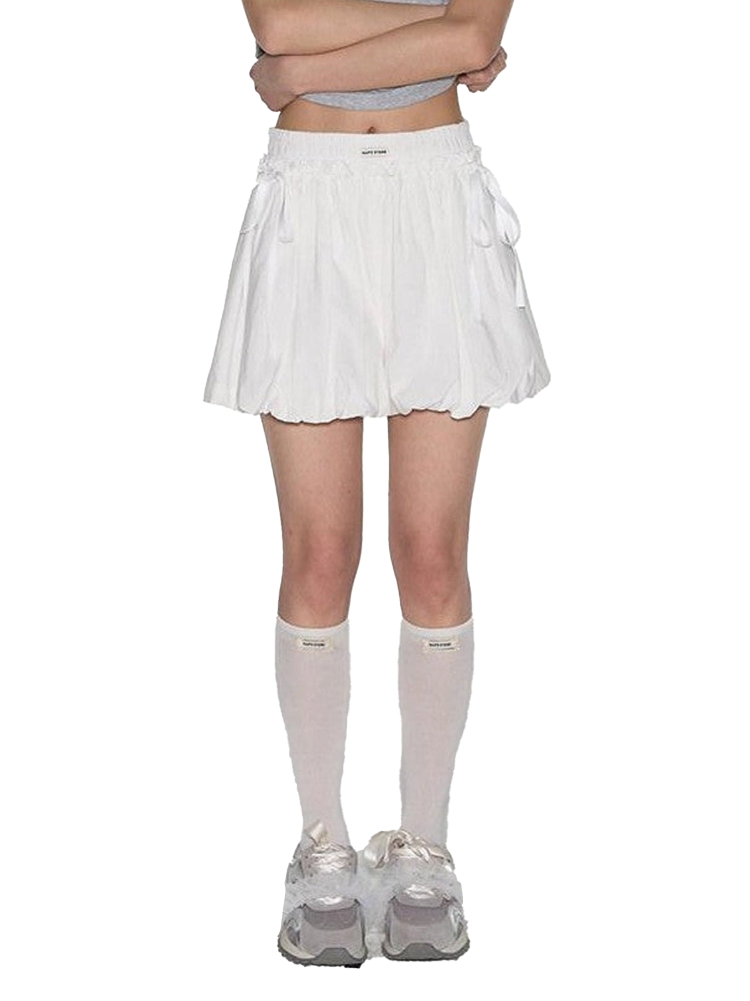 NAPSNAPS White Pleated Bow Tie Drawstring Lantern Women&