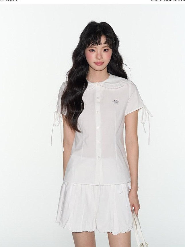 NAPSNAPS White Pleated Bow Tie Drawstring Lantern Women&