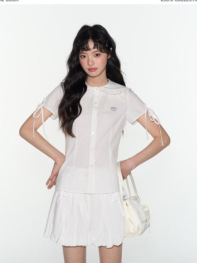 NAPSNAPS White Pleated Bow Tie Drawstring Lantern Women&