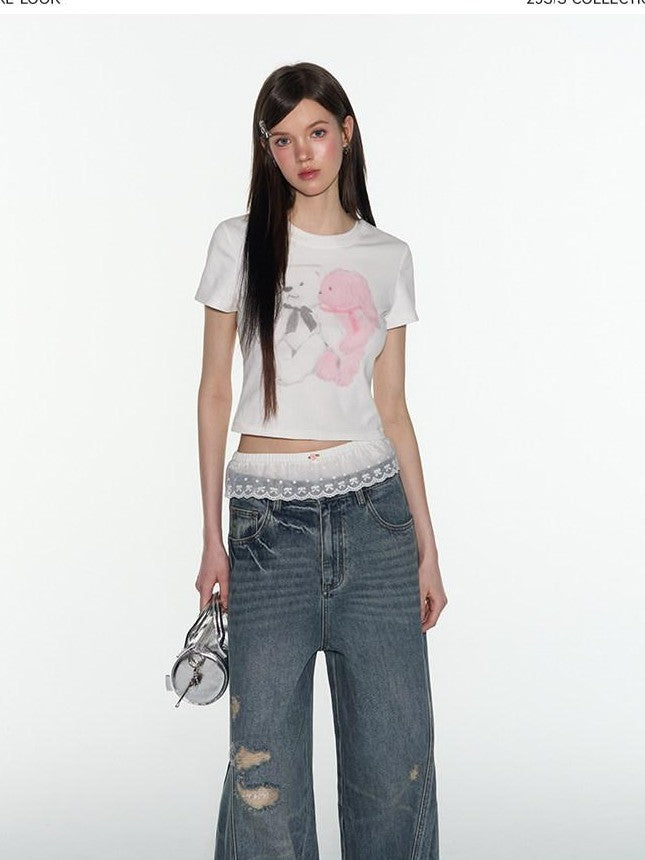NAPSNAPS White Teddy Bear Print Slim Fit Women&