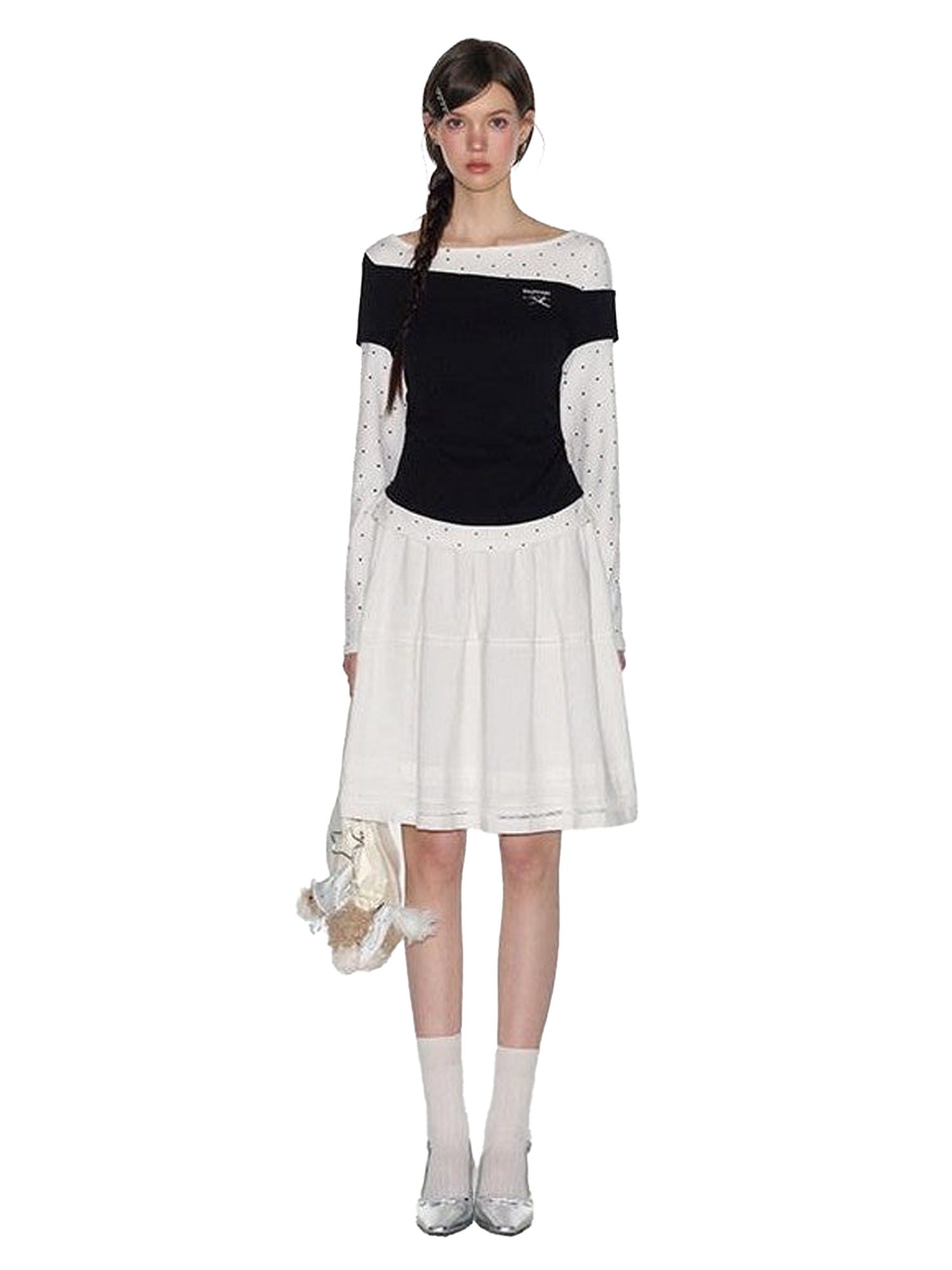 NAPSNAPS White Tiered Pleated Lace Panel Elastic Waist Women&