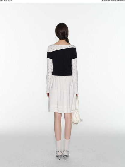 NAPSNAPS White Tiered Pleated Lace Panel Elastic Waist Women&