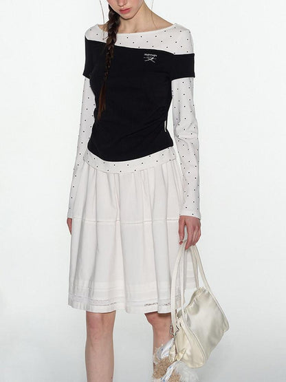 NAPSNAPS White Tiered Pleated Lace Panel Elastic Waist Women&