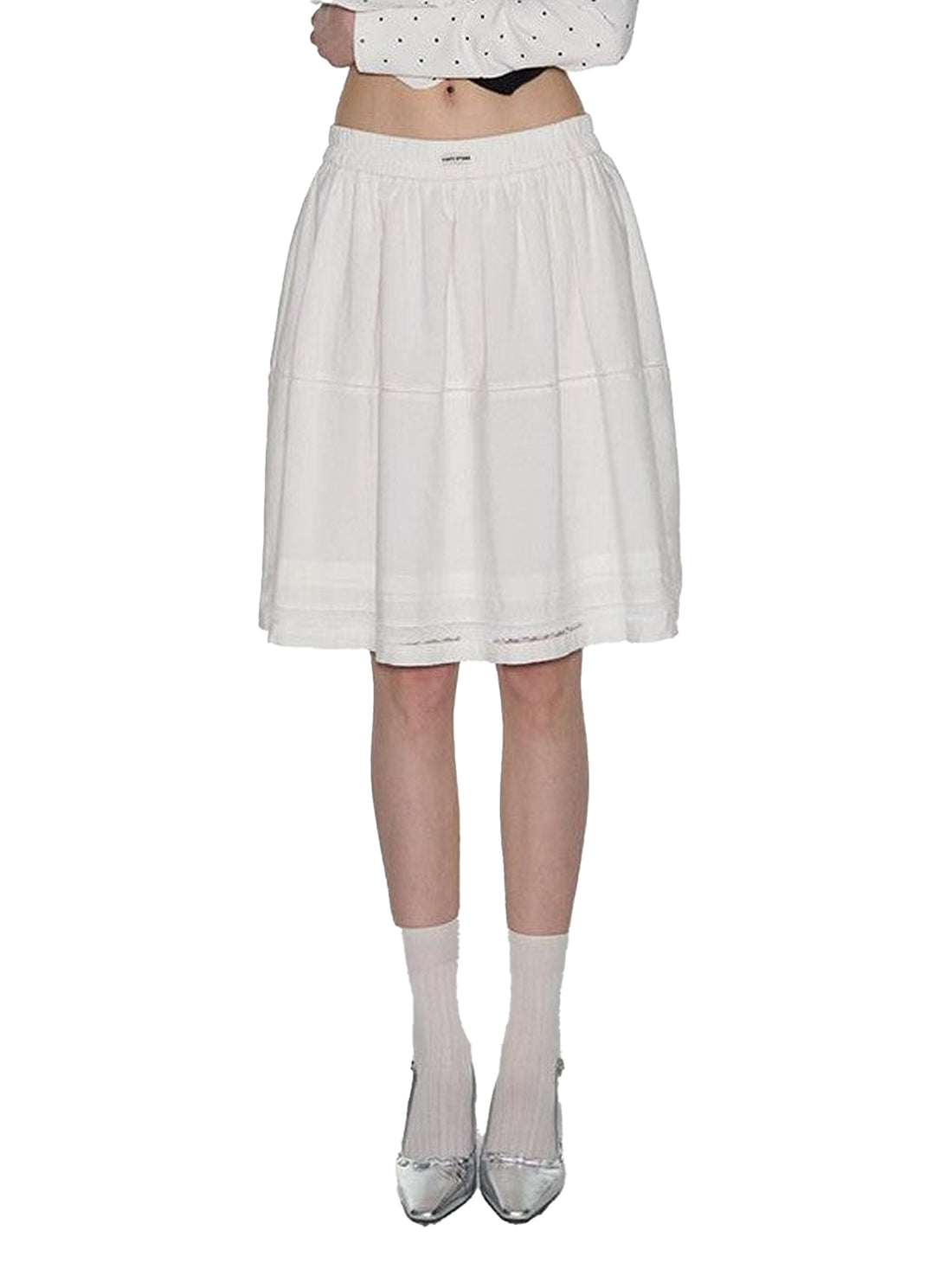 NAPSNAPS White Tiered Pleated Lace Panel Elastic Waist Women&