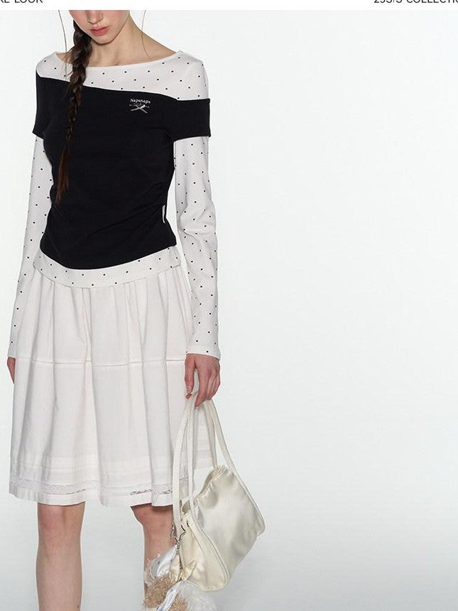 NAPSNAPS White Tiered Pleated Lace Panel Elastic Waist Women&