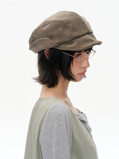 NAPSNAPS Wide Brim Folded Corduroy Retro Flat Top Women&