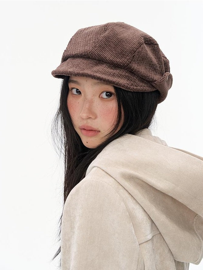 NAPSNAPS Wide Brim Folded Corduroy Retro Flat Top Women&
