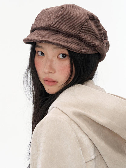 NAPSNAPS Wide Brim Folded Corduroy Retro Flat Top Women&
