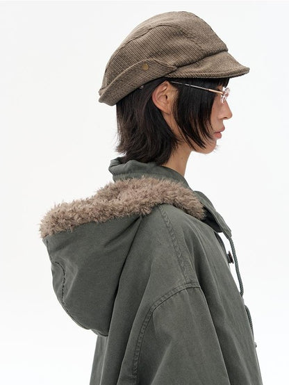 NAPSNAPS Wide Brim Folded Corduroy Retro Flat Top Women&