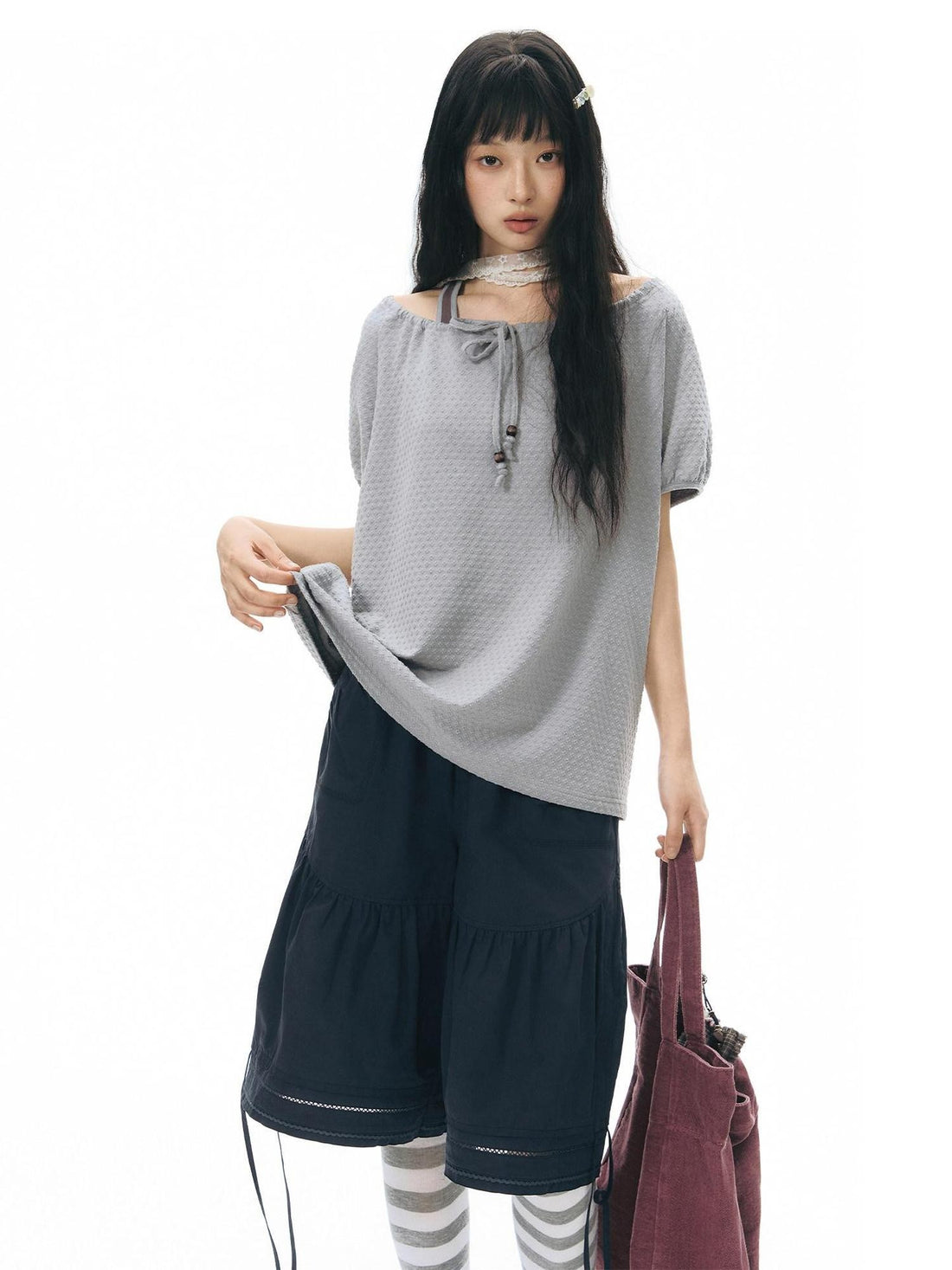 NAPSNAPS Wide Leg Lace Trim Patchwork Elastic Waist Women&