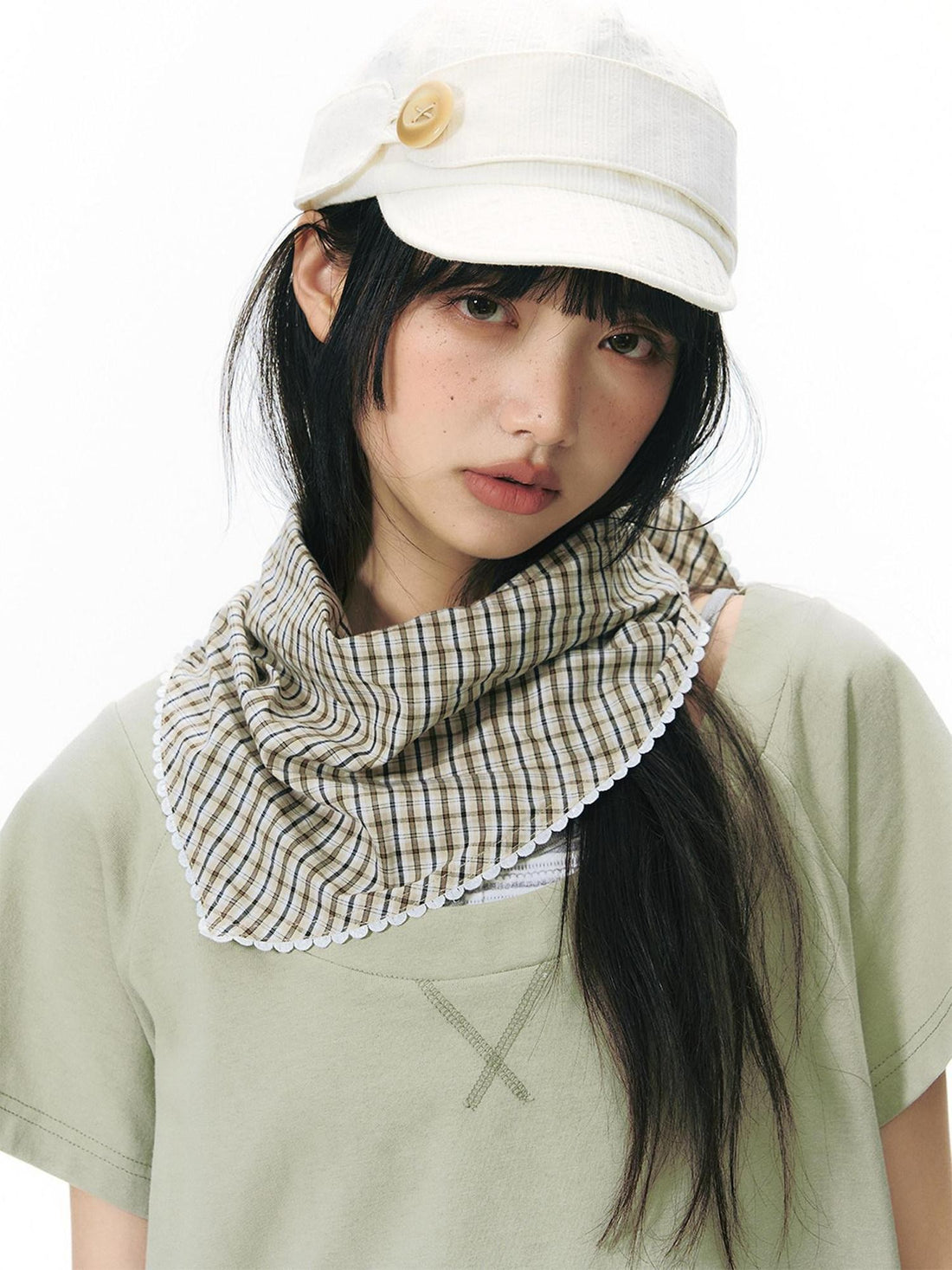 NAPSNAPS Yellow Brown Plaid Lace Trim Patchwork Square Women&