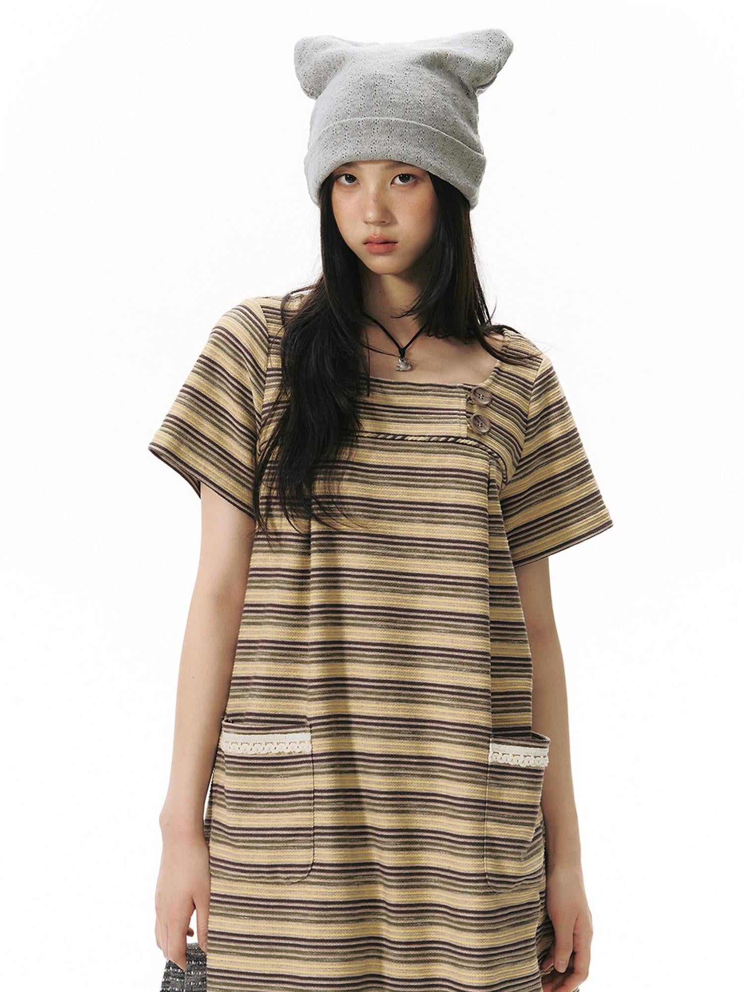 NAPSNAPS Yellow Brown Striped Large Button Knit Women&