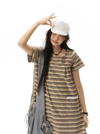 NAPSNAPS Yellow Brown Striped Large Button Knit Women&