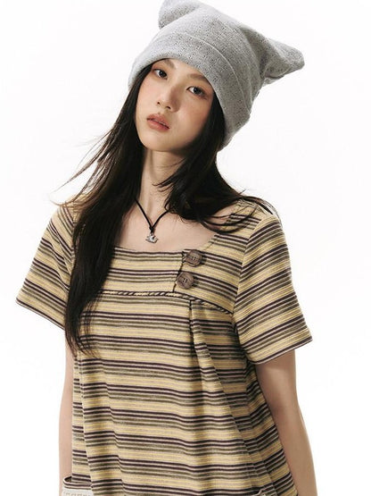 NAPSNAPS Yellow Brown Striped Large Button Knit Women&