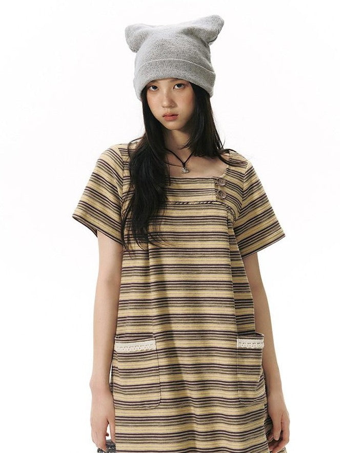 NAPSNAPS Yellow Brown Striped Large Button Knit Women&