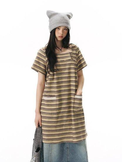 NAPSNAPS Yellow Brown Striped Large Button Knit Women&