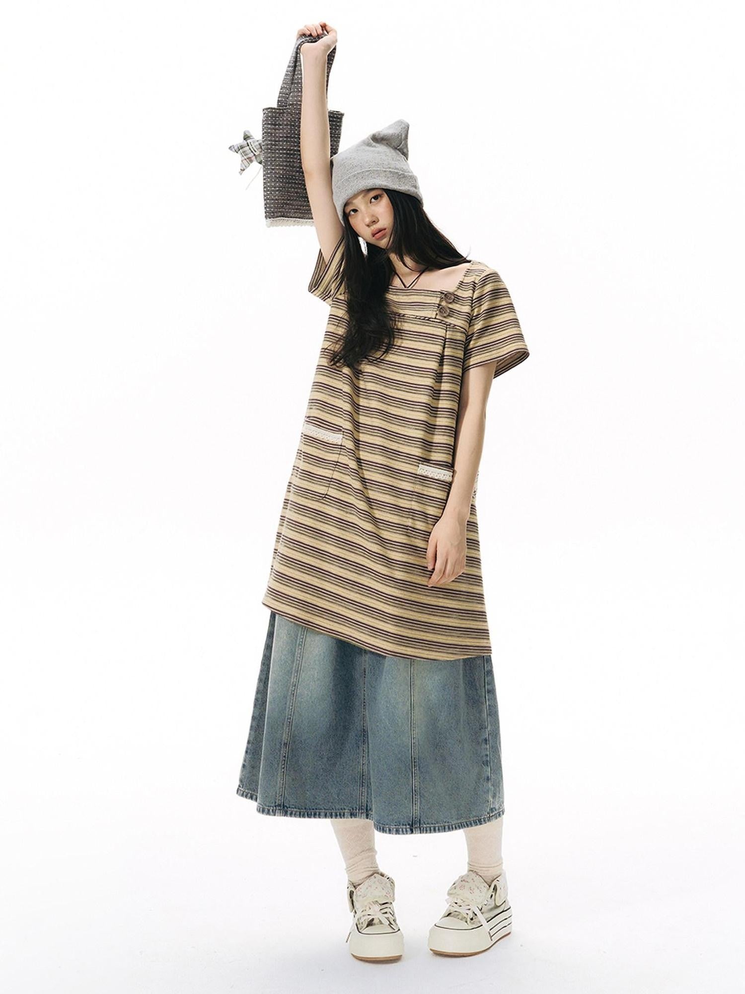 NAPSNAPS Yellow Brown Striped Large Button Knit Women&