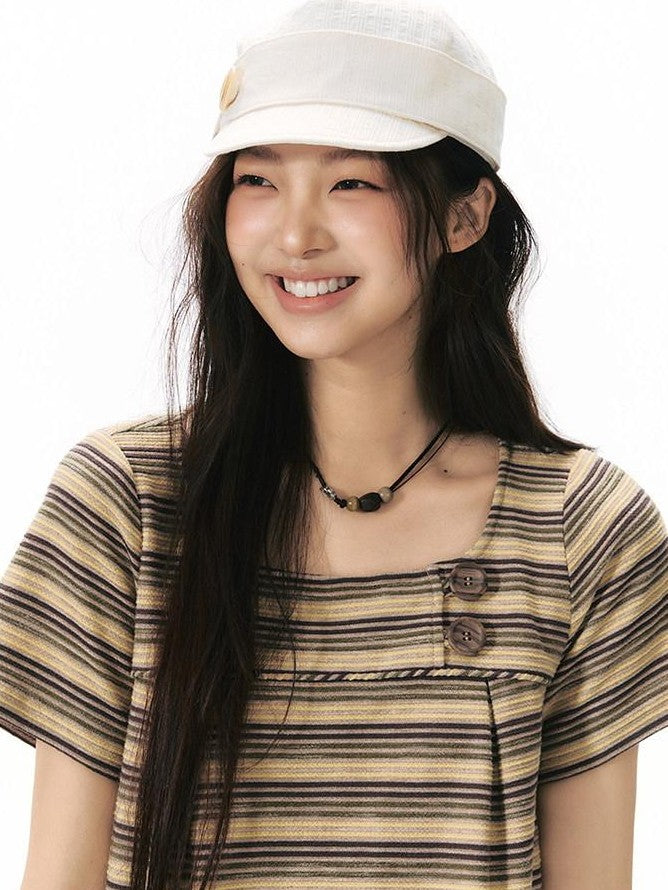 NAPSNAPS Yellow Brown Striped Large Button Knit Women&