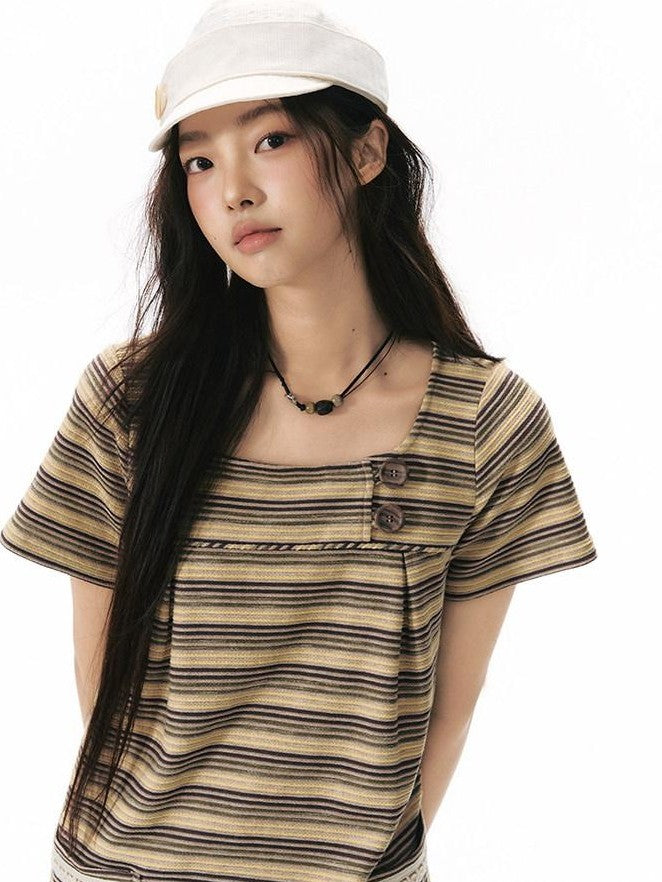 NAPSNAPS Yellow Brown Striped Large Button Knit Women&