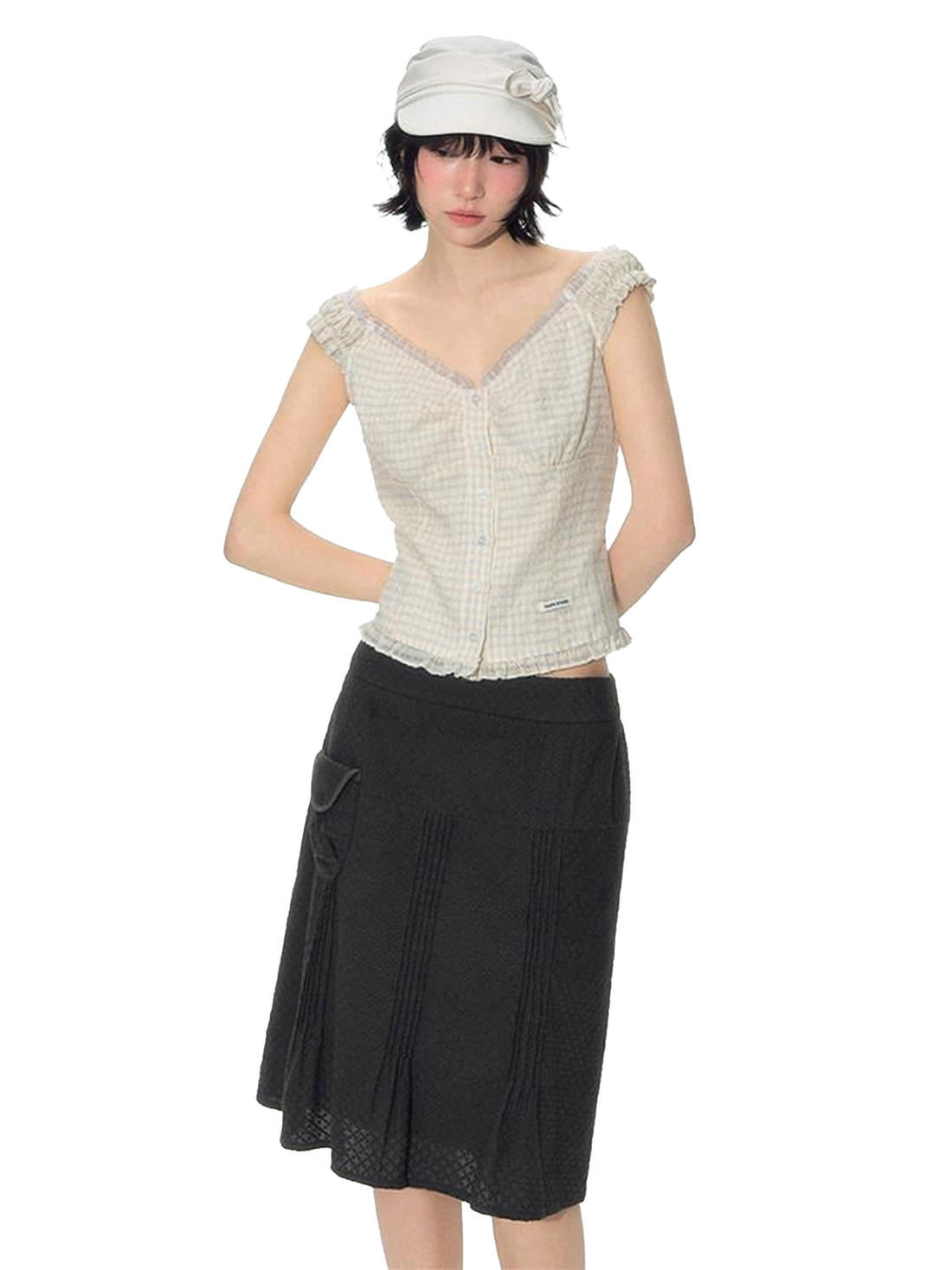 NAPSNAPS Yellow Plaid Lace Spliced One Shoulder Women&