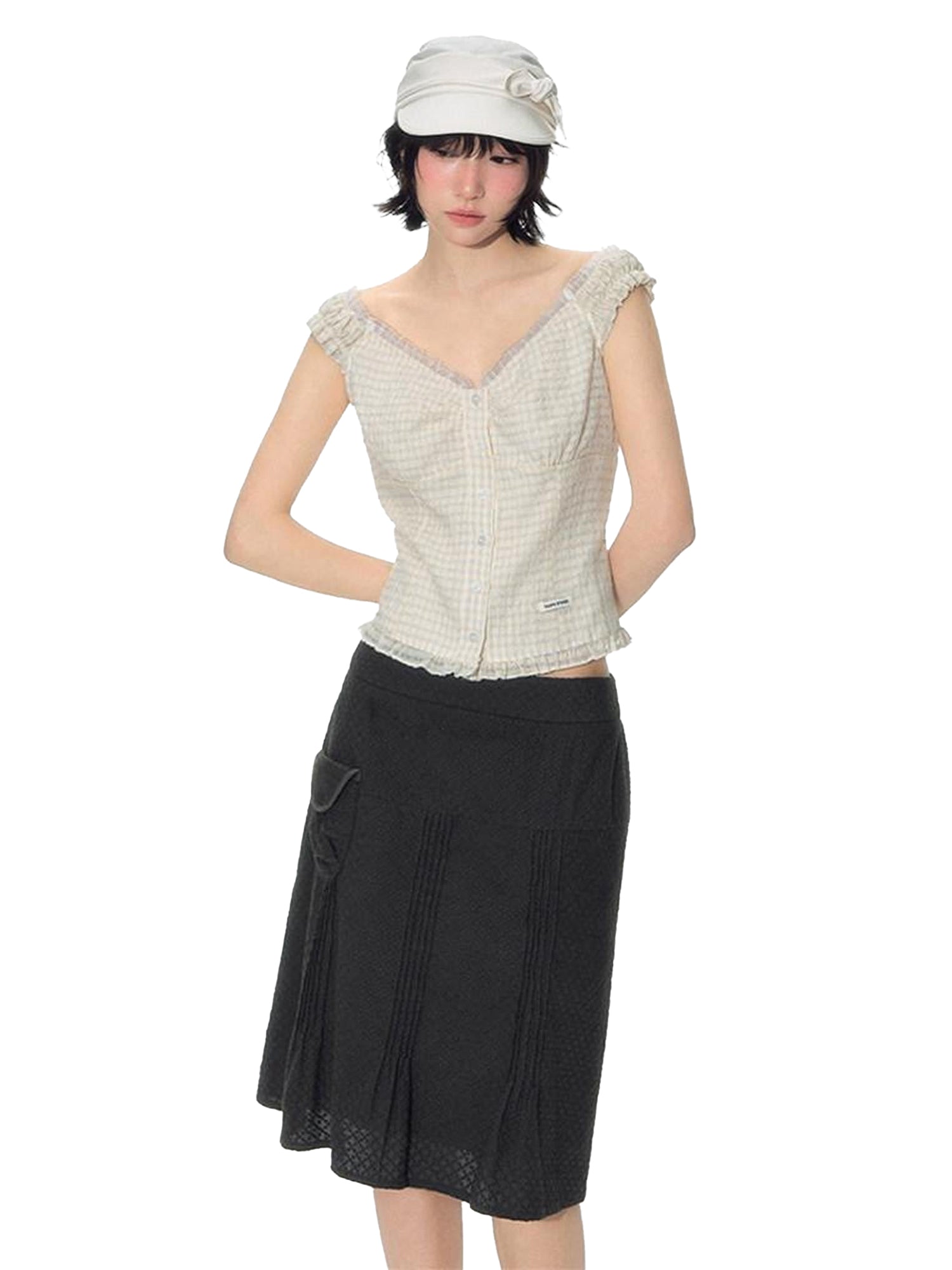 NAPSNAPS Yellow Plaid Lace Spliced One Shoulder Women&