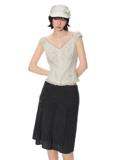 NAPSNAPS Yellow Plaid Lace Spliced One Shoulder Women&