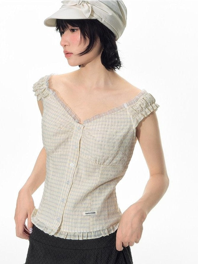NAPSNAPS Yellow Plaid Lace Spliced One Shoulder Women&
