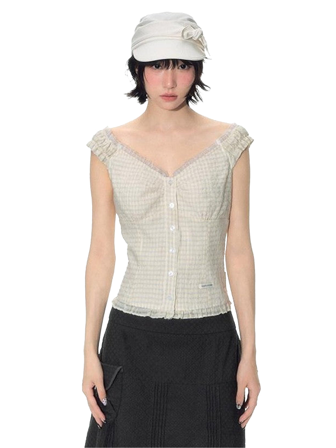 NAPSNAPS Yellow Plaid Lace Spliced One Shoulder Women&