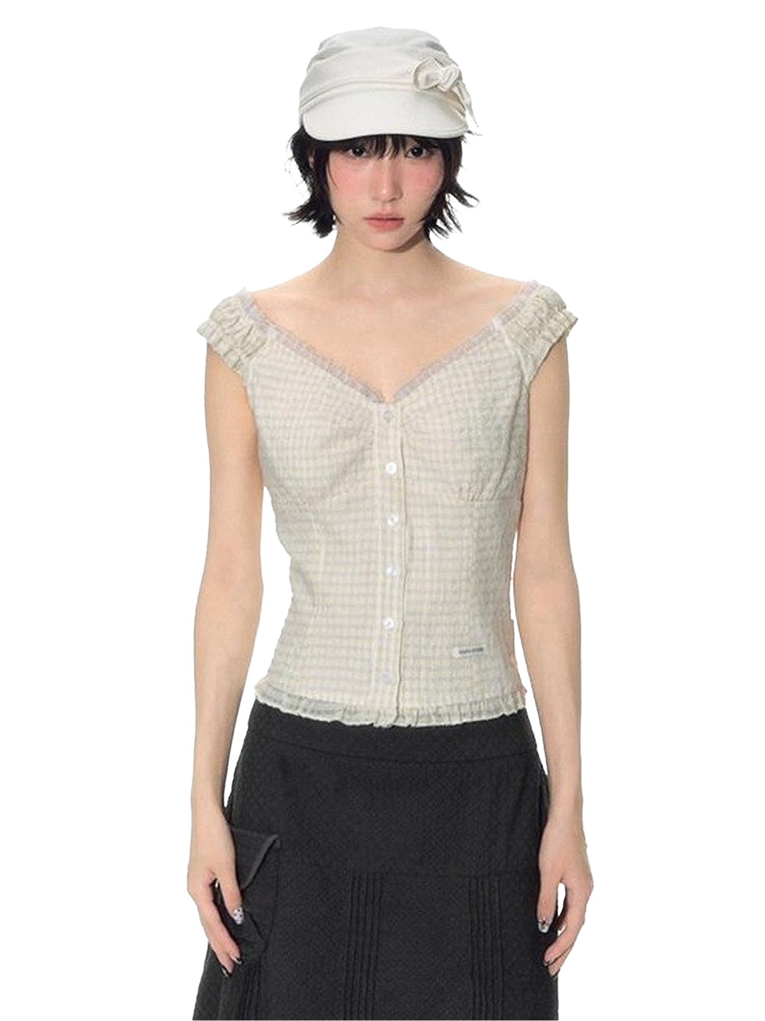 NAPSNAPS Yellow Plaid Lace Spliced One Shoulder Women&