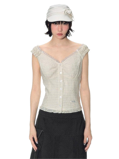 NAPSNAPS Yellow Plaid Lace Spliced One Shoulder Women&