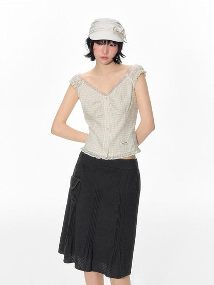 NAPSNAPS Yellow Plaid Lace Spliced One Shoulder Women&