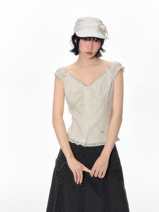 NAPSNAPS Yellow Plaid Lace Spliced One Shoulder Women&