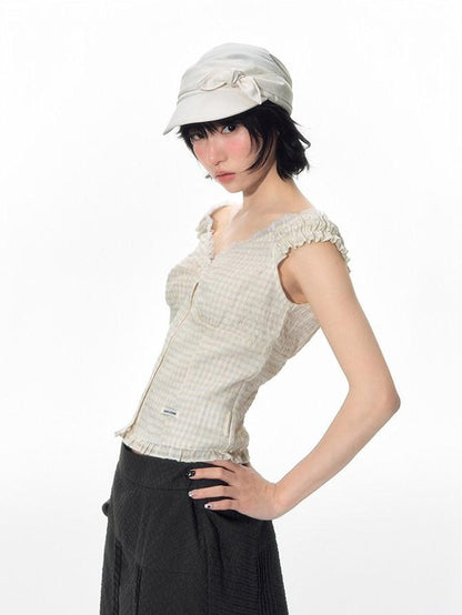 NAPSNAPS Yellow Plaid Lace Spliced One Shoulder Women&