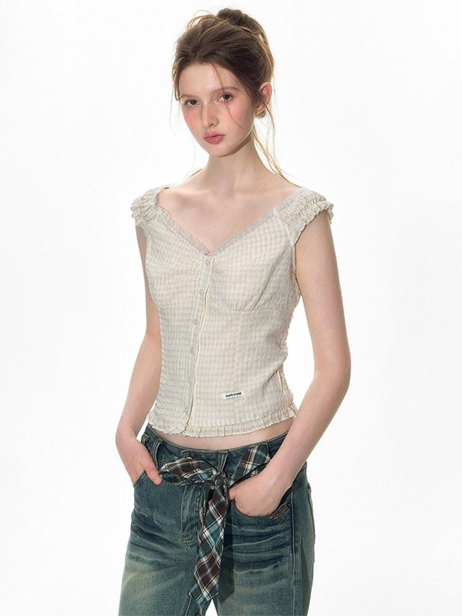 NAPSNAPS Yellow Plaid Lace Spliced One Shoulder Women&