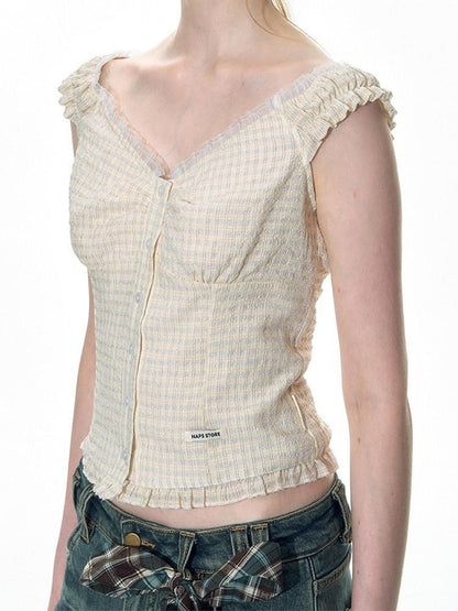 NAPSNAPS Yellow Plaid Lace Spliced One Shoulder Women&