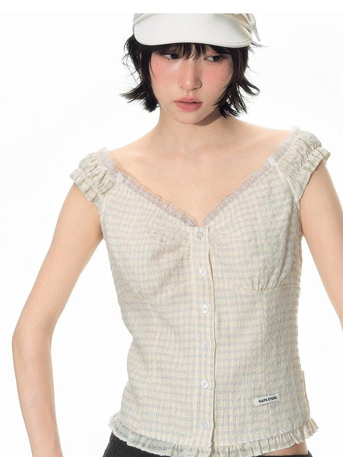 NAPSNAPS Yellow Plaid Lace Spliced One Shoulder Women&