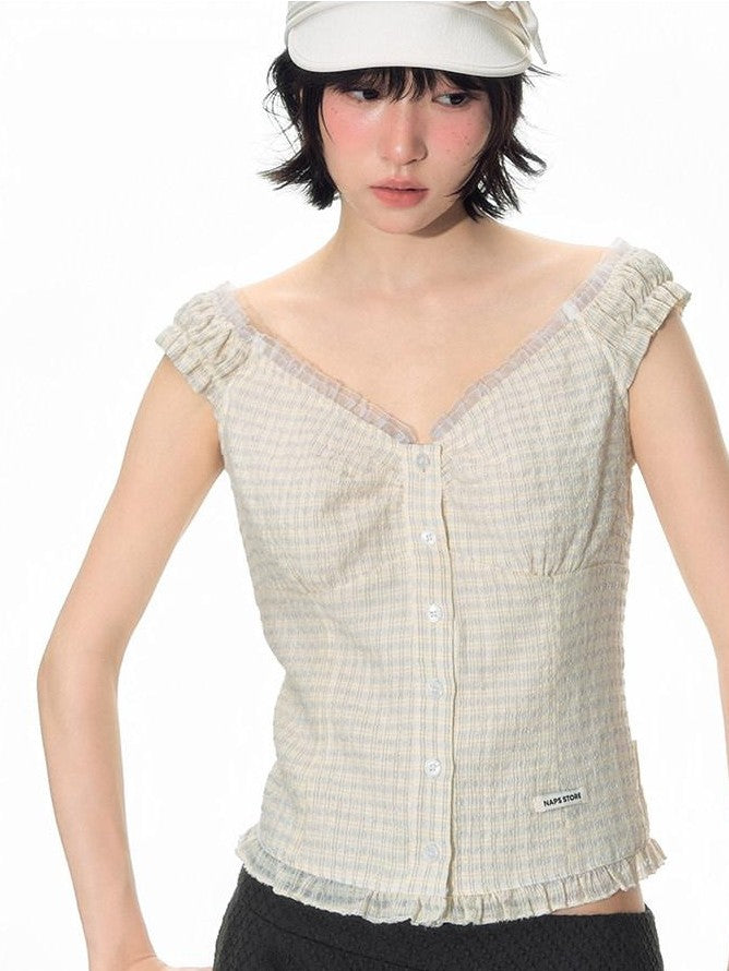 NAPSNAPS Yellow Plaid Lace Spliced One Shoulder Women&