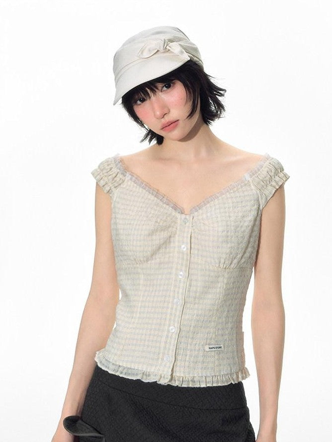 NAPSNAPS Yellow Plaid Lace Spliced One Shoulder Women&