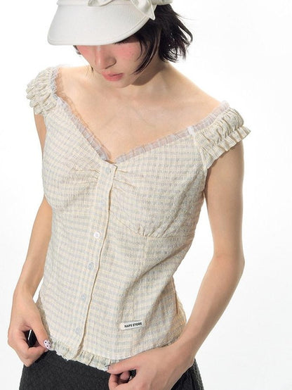 NAPSNAPS Yellow Plaid Lace Spliced One Shoulder Women&