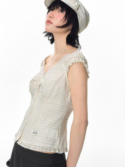 NAPSNAPS Yellow Plaid Lace Spliced One Shoulder Women&