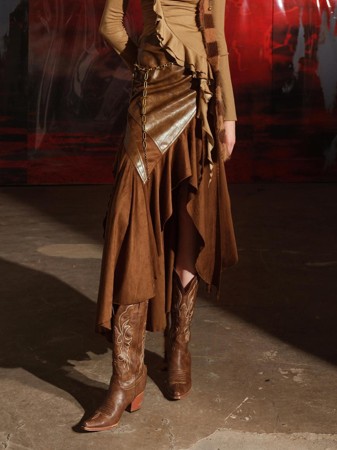 UpdateNN NORTH NODE Adonis Fish Irregular Patchwork Suede Midi Skirt