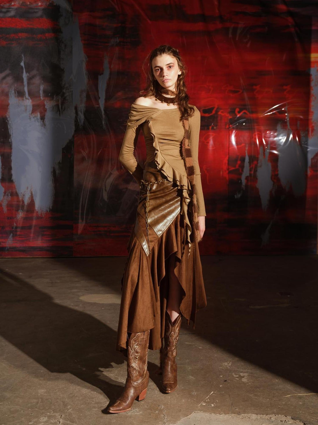 UpdateNN NORTH NODE Adonis Fish Irregular Patchwork Suede Midi Skirt