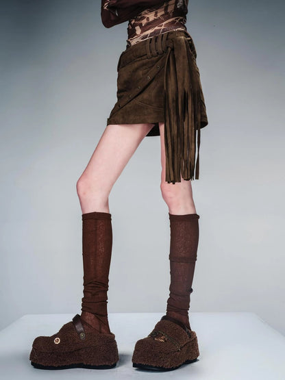 Ankh Platform Shearling Slide Sandals