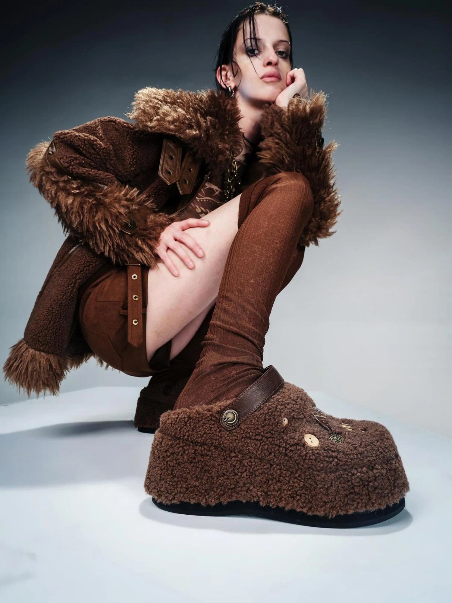 Ankh Platform Shearling Slide Sandals